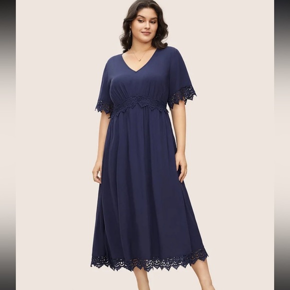 BloomChic Plus Size Solid Lace Panel Elastic Waist Split Hem Dress - Picture 1 of 7